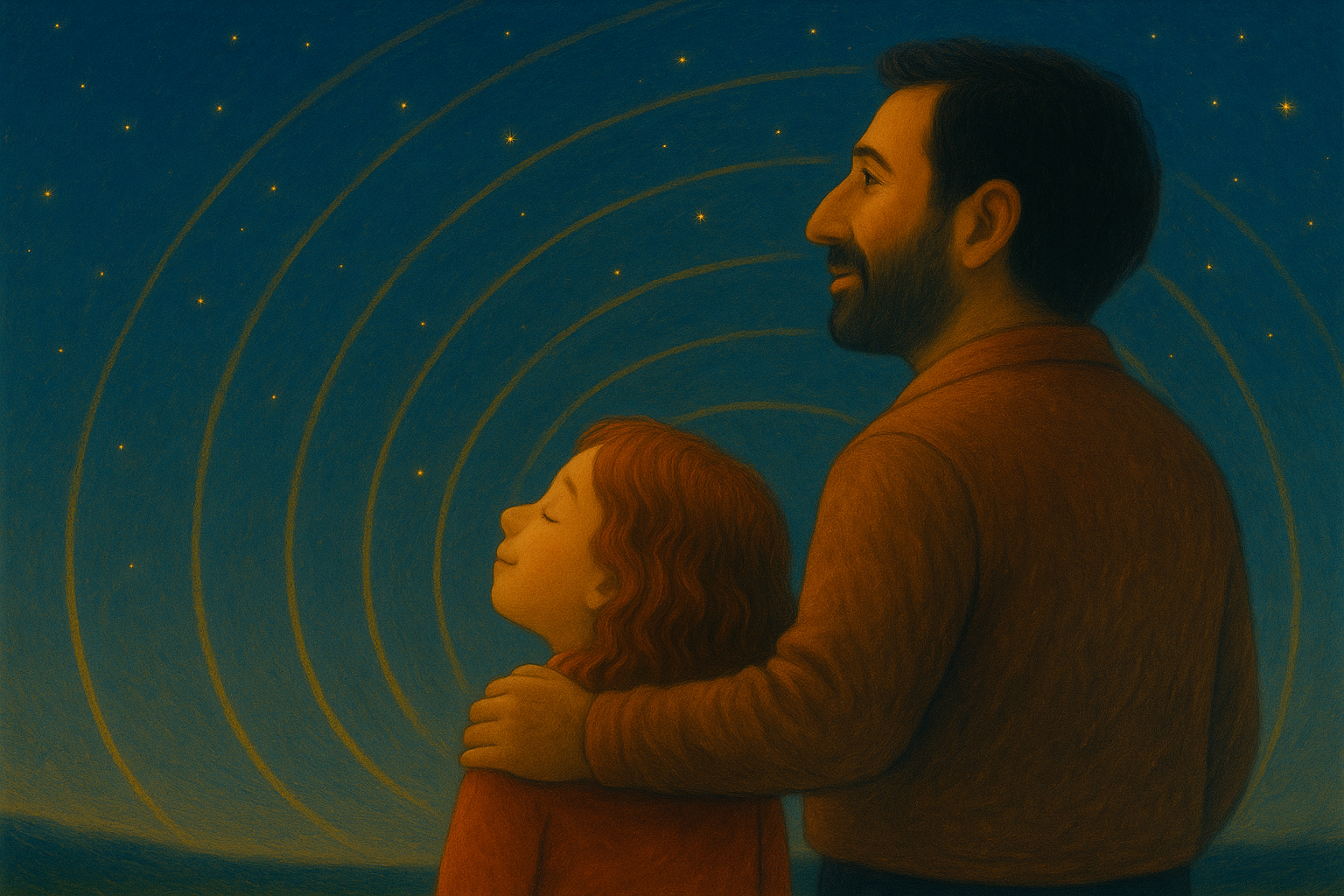 Luna and her father standing under a starry sky talking about the Earth’s heartbeat