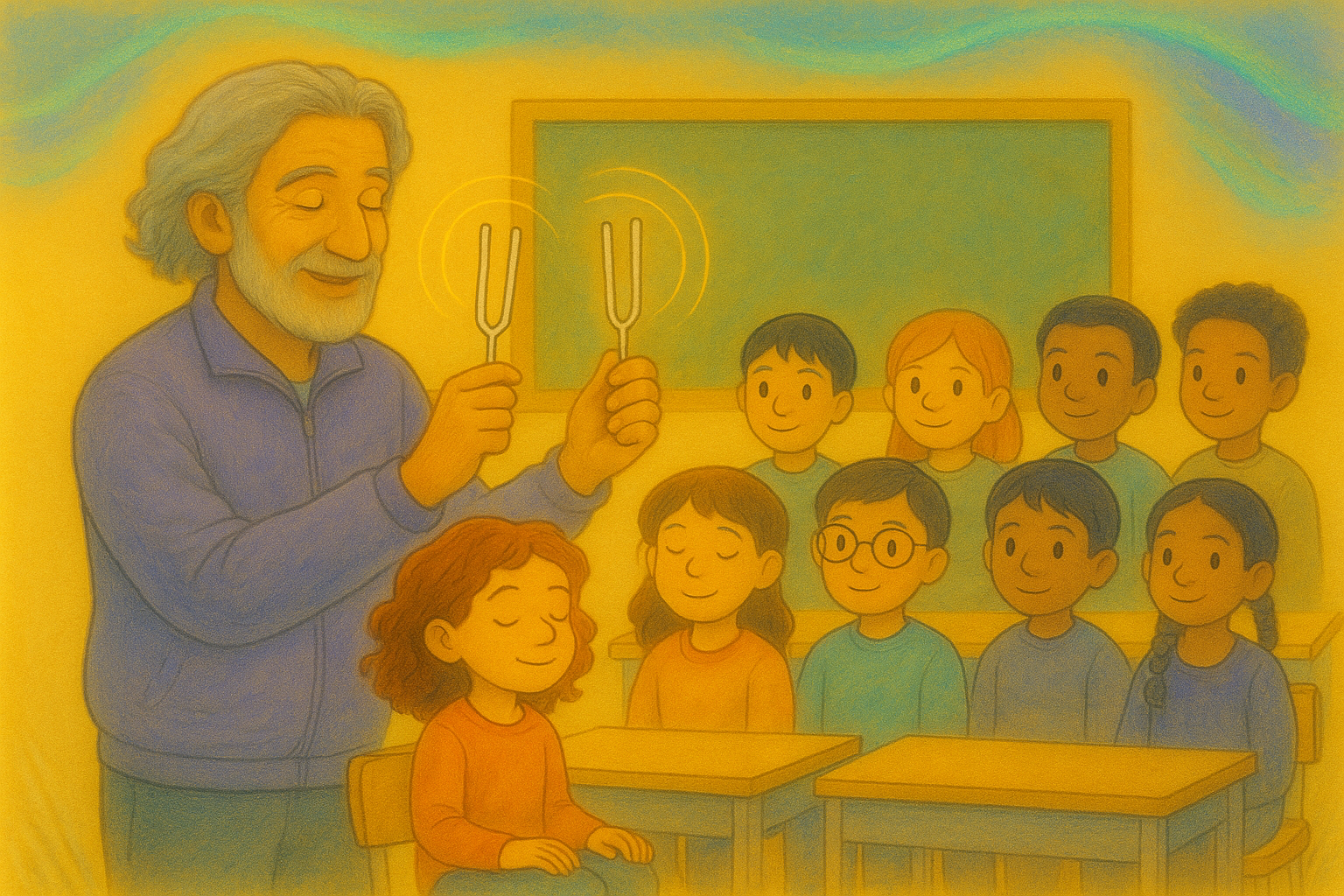 Mr. Orion showing two tuning forks resonating in class as Luna watches amazed