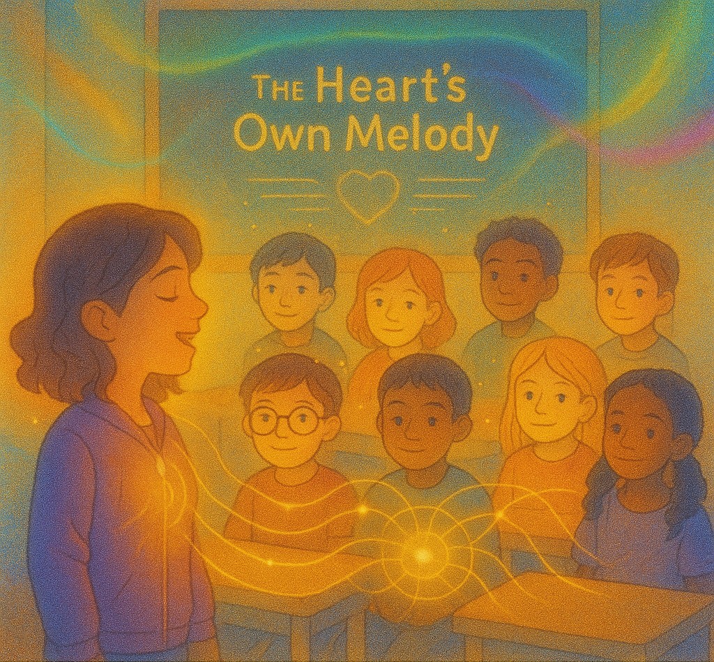 Classroom filled with children laughing, with 'Resonance = Harmony = Love' written on the chalkboard