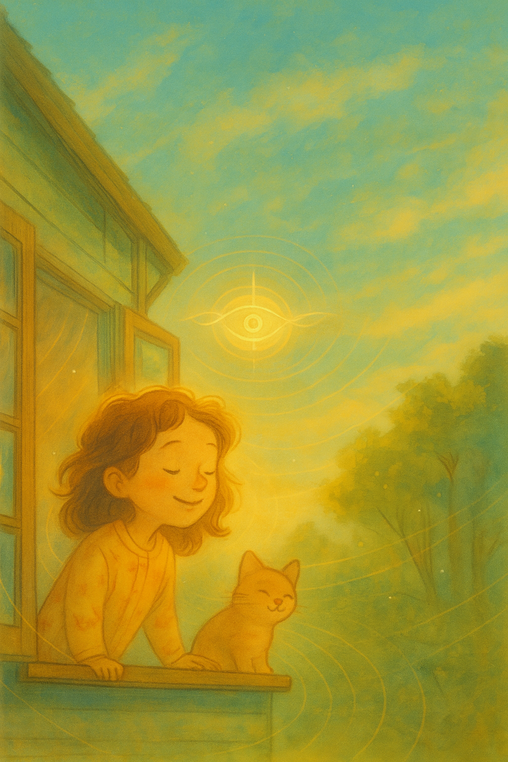 Luna and Milo at the open window, hearing birds and the forest morning sounds