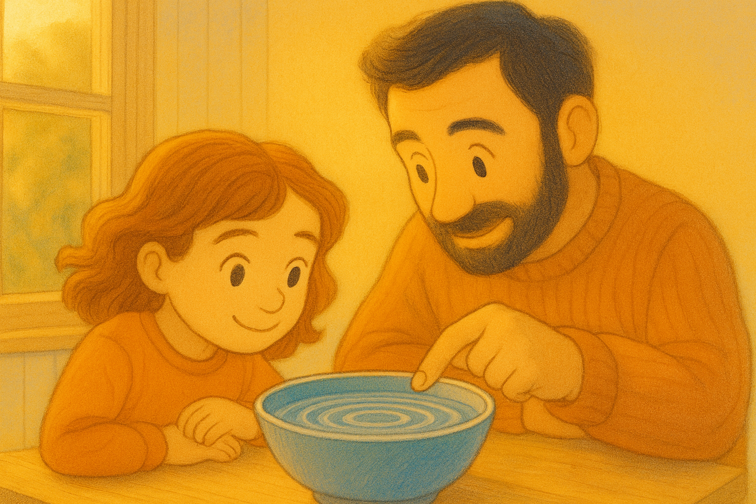 Luna and her dad observing ripples in a bowl of water caused by sound