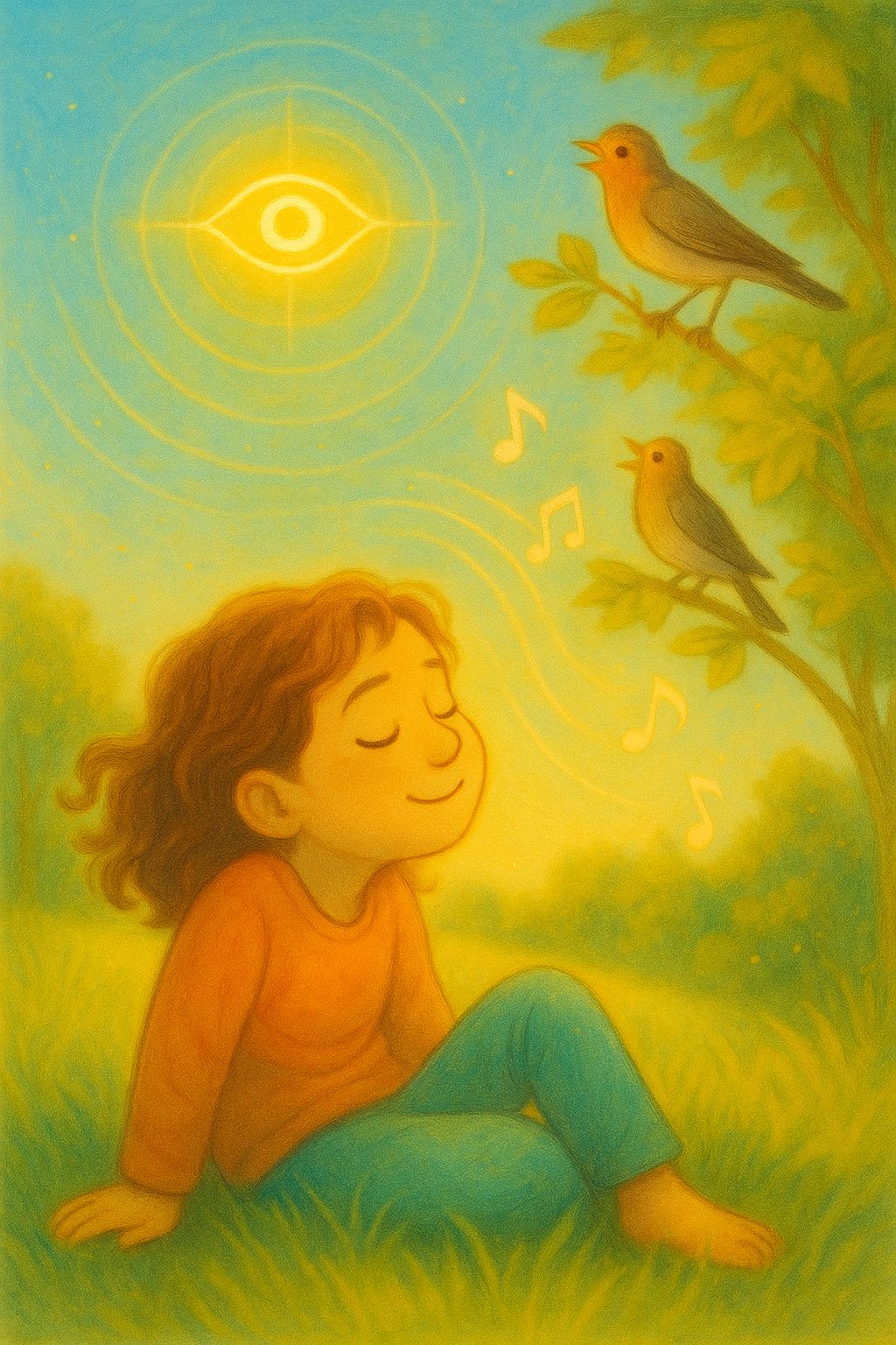 Luna sitting peacefully in her garden surrounded by birds, bees, and flowers