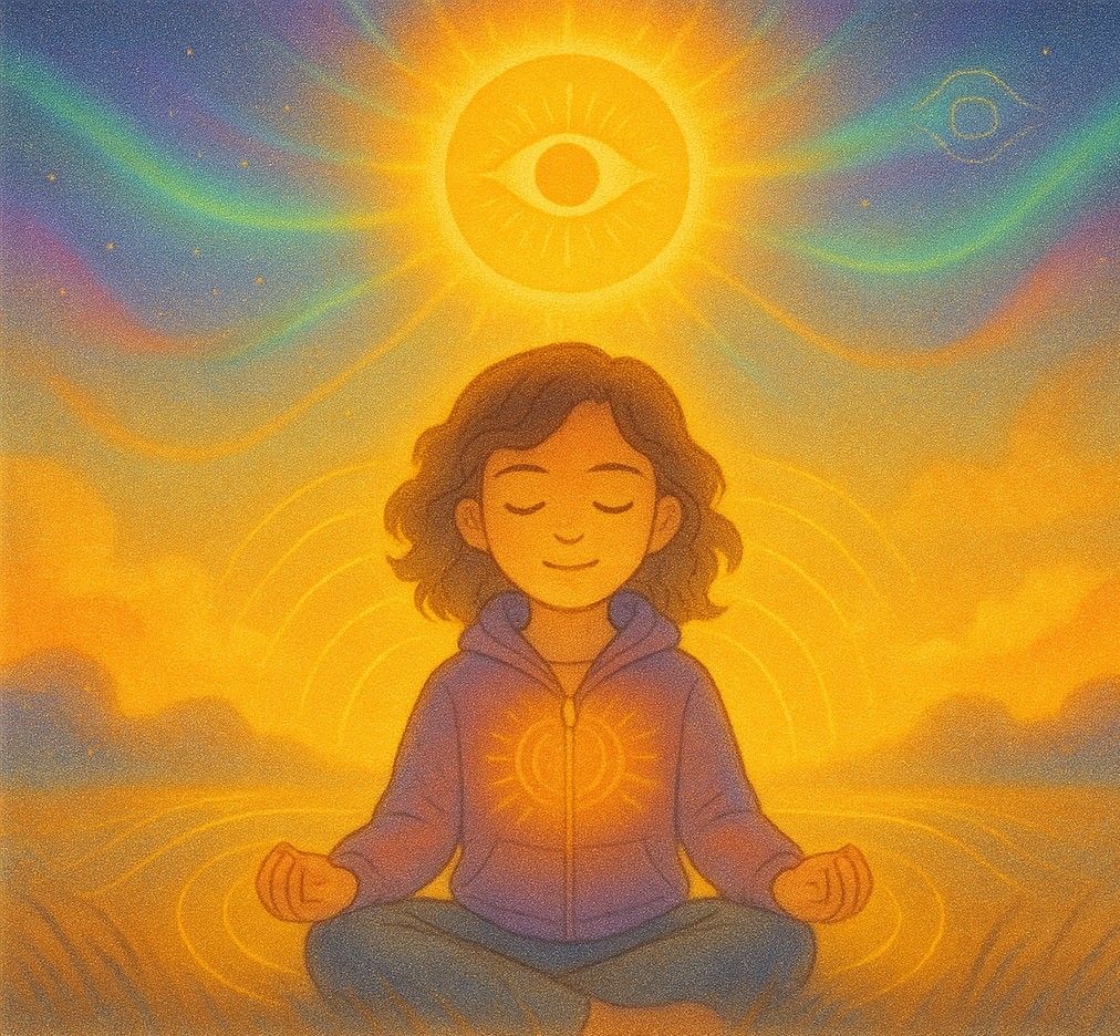 Luna meditating and smiling as golden rays surround her in the classroom