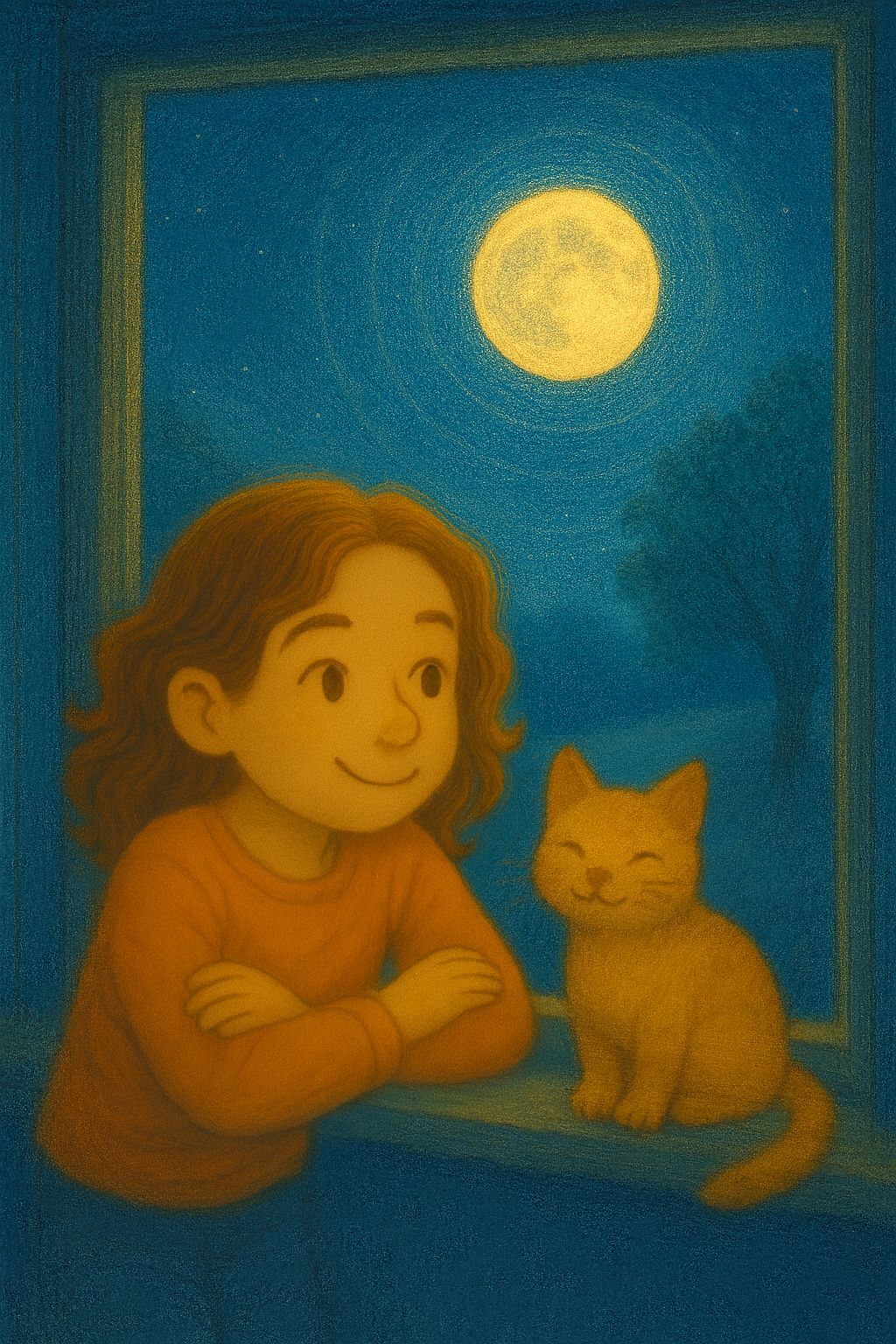 Luna and Milo looking out the window at a full moon before bed